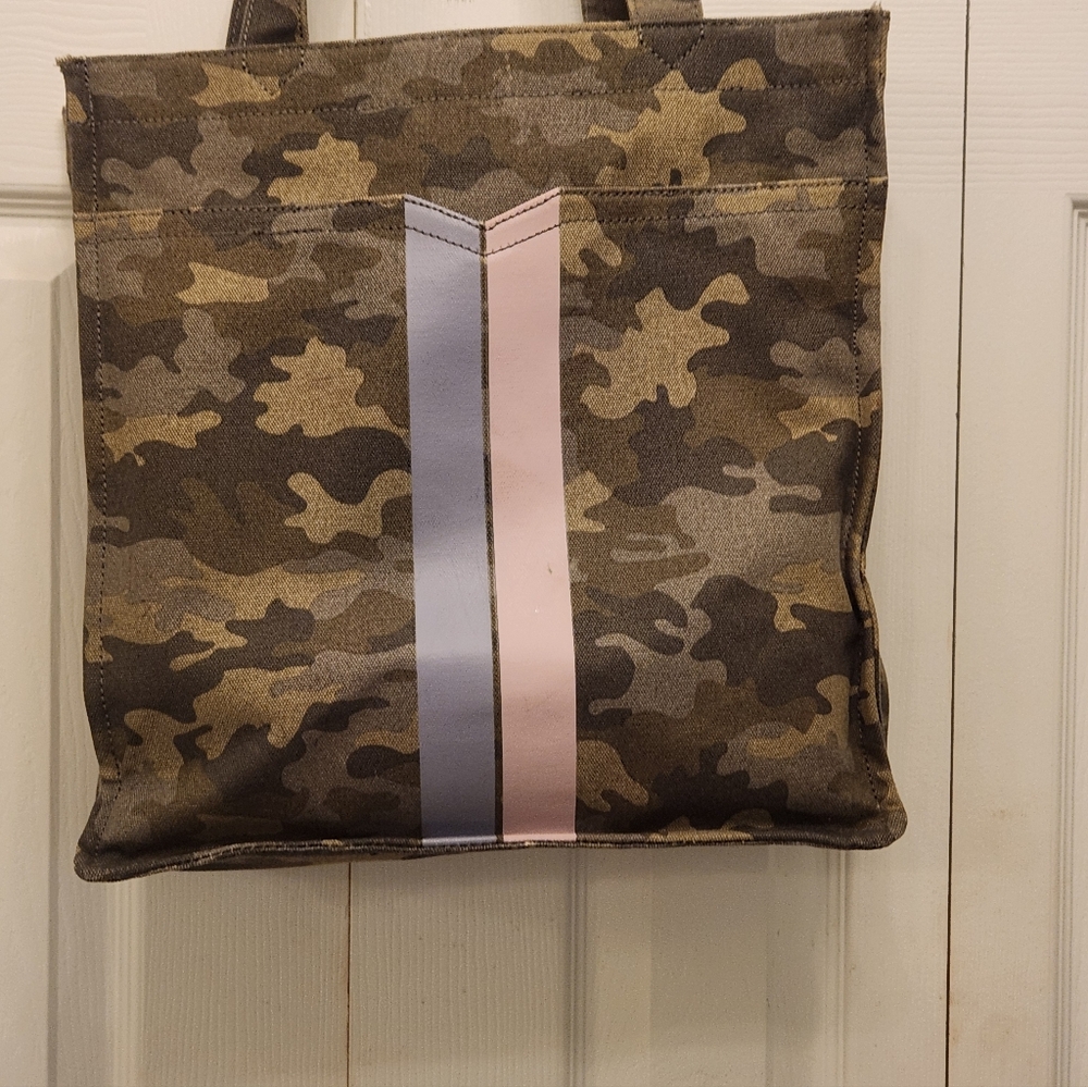 Stella And Dot Camouflage Tote Bag with Pink and Lavendar Stripes